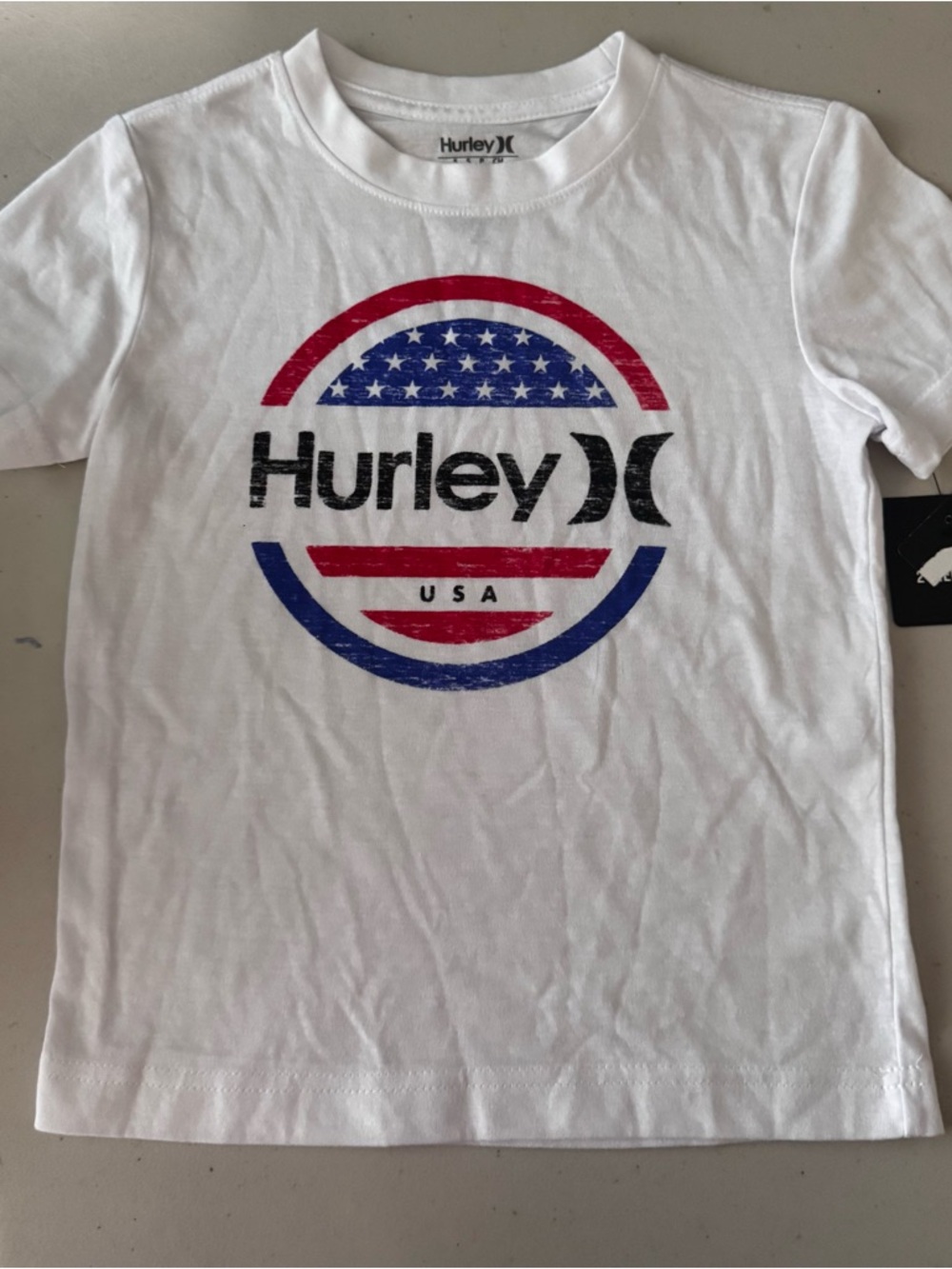 Hurley Kids White Tee with Red & Blue USA Graphic